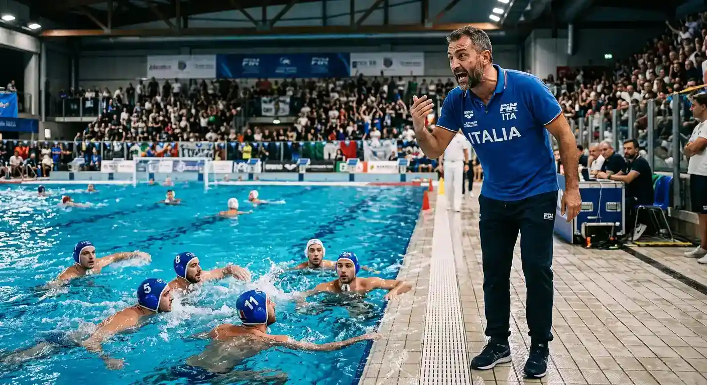 Allenatore di pallanuoto a bordo vasca impartisce istruzioni durante una partita