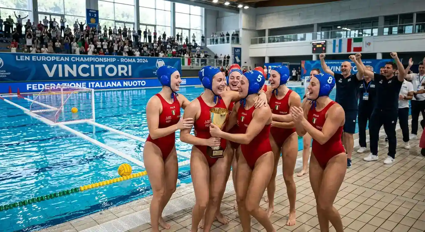 Squadra dominante di pallanuoto festeggia un titolo europeo a bordo vasca
