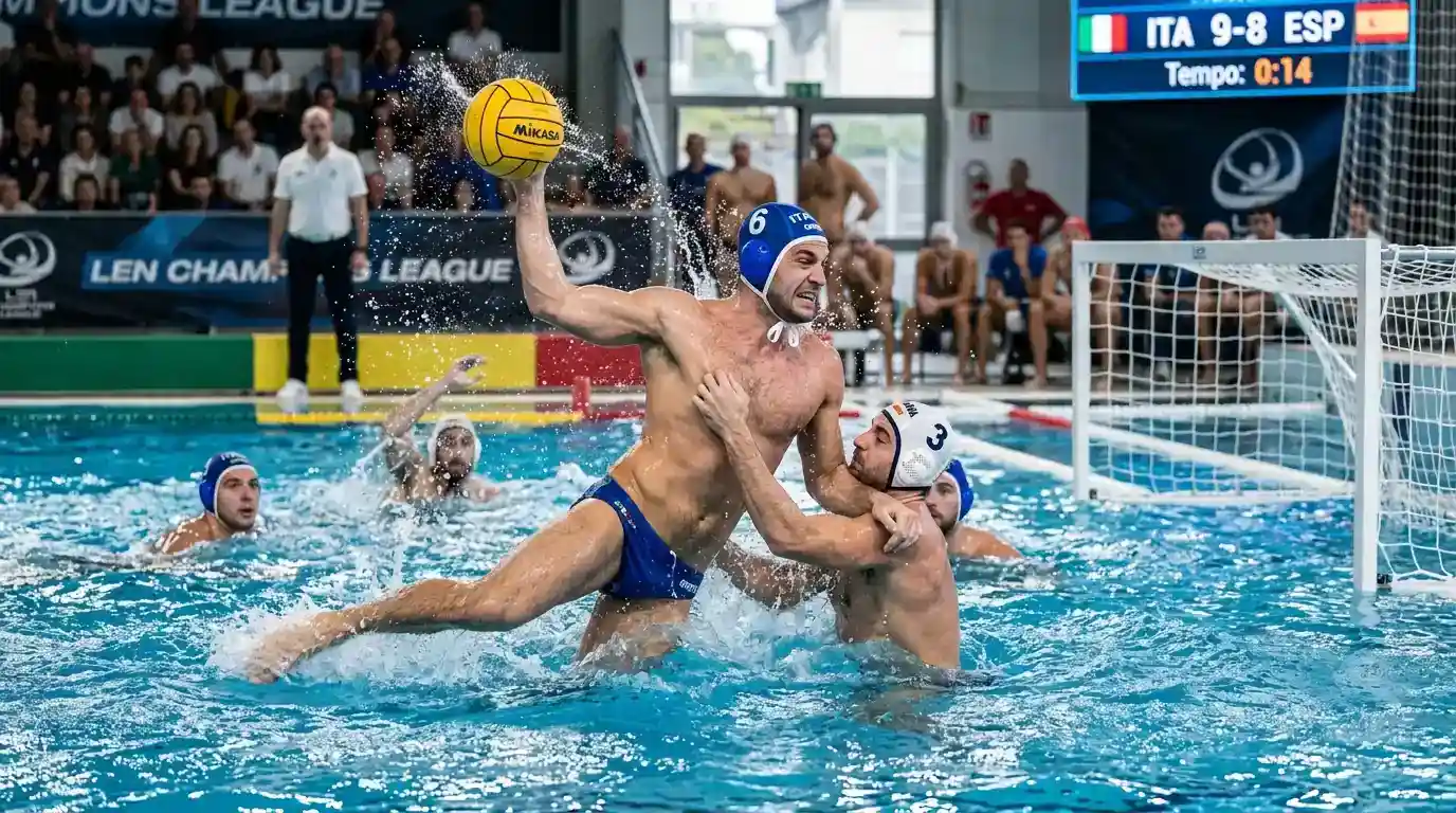 Giocatori di pallanuoto in azione durante una partita decisa al cardiopalma