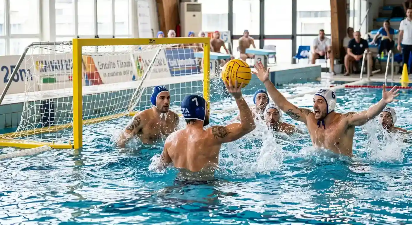 Giocatori di pallanuoto in azione durante una fase di superiorità numerica in vasca