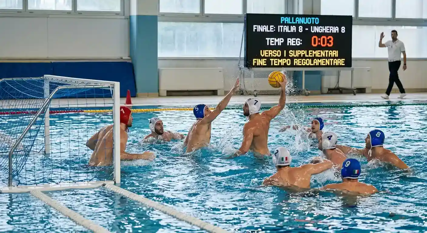 Finale equilibrato di una partita di pallanuoto verso i tempi supplementari