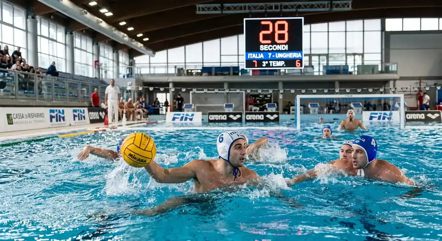 Azione veloce di pallanuoto con il nuovo possesso a ventotto secondi