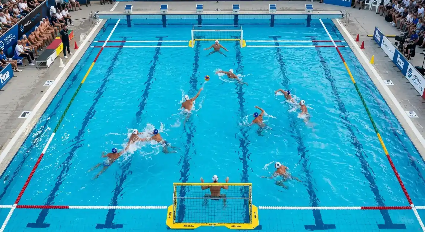 Campo di pallanuoto da 25 metri durante una partita con le nuove regole World Aquatics