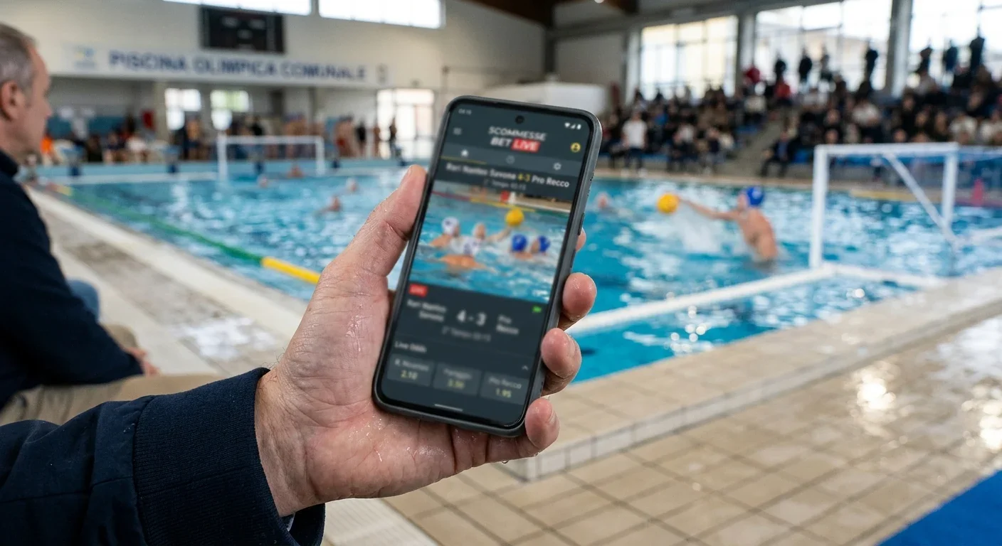 Smartphone con un'app di scommesse aperta su una partita di pallanuoto live