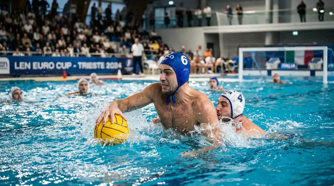 Squadra di pallanuoto di alto livello in vasca durante una partita europea
